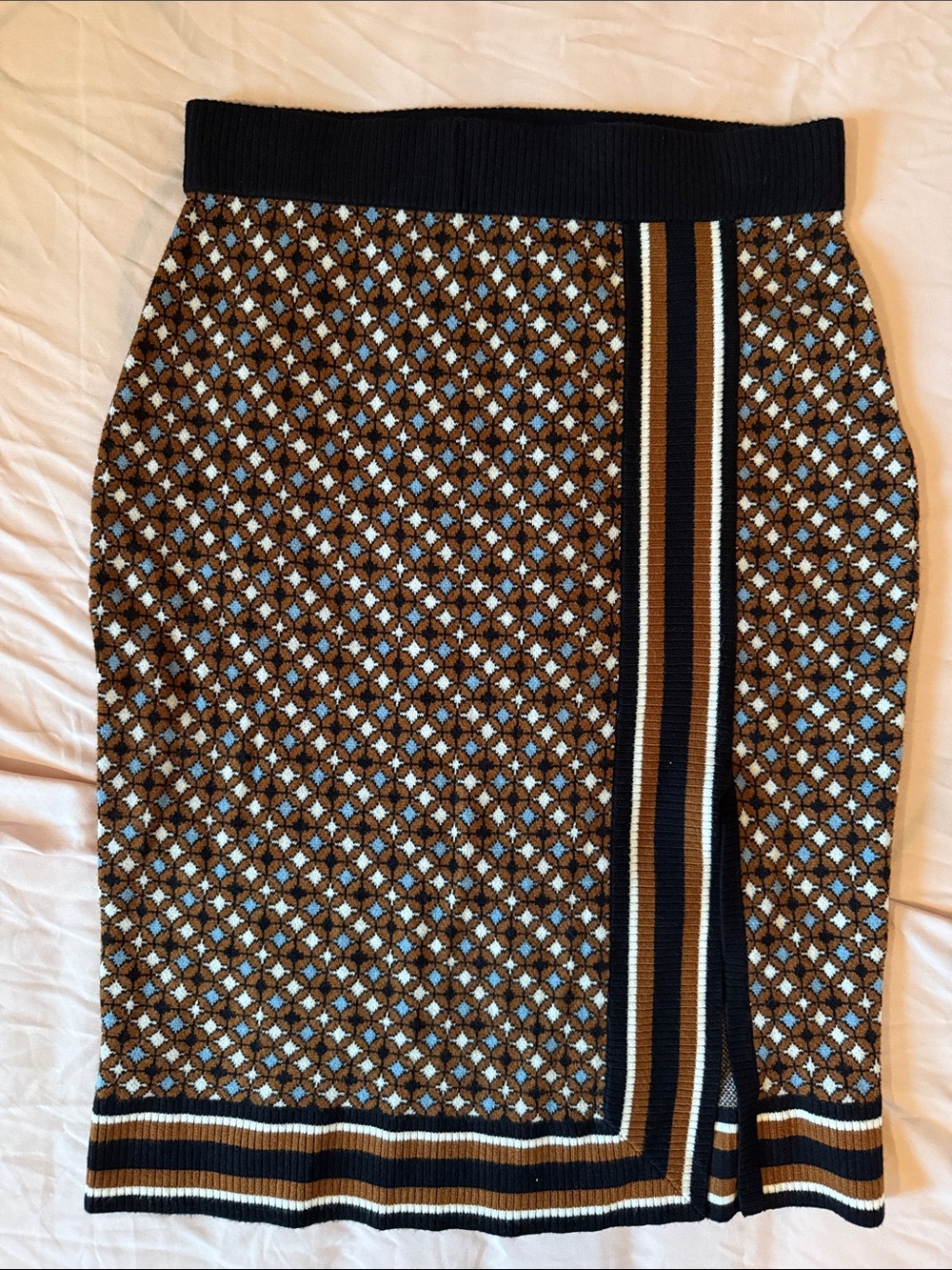 Nine West Brown and Light Blue Geometric Knit Pencil Skirt